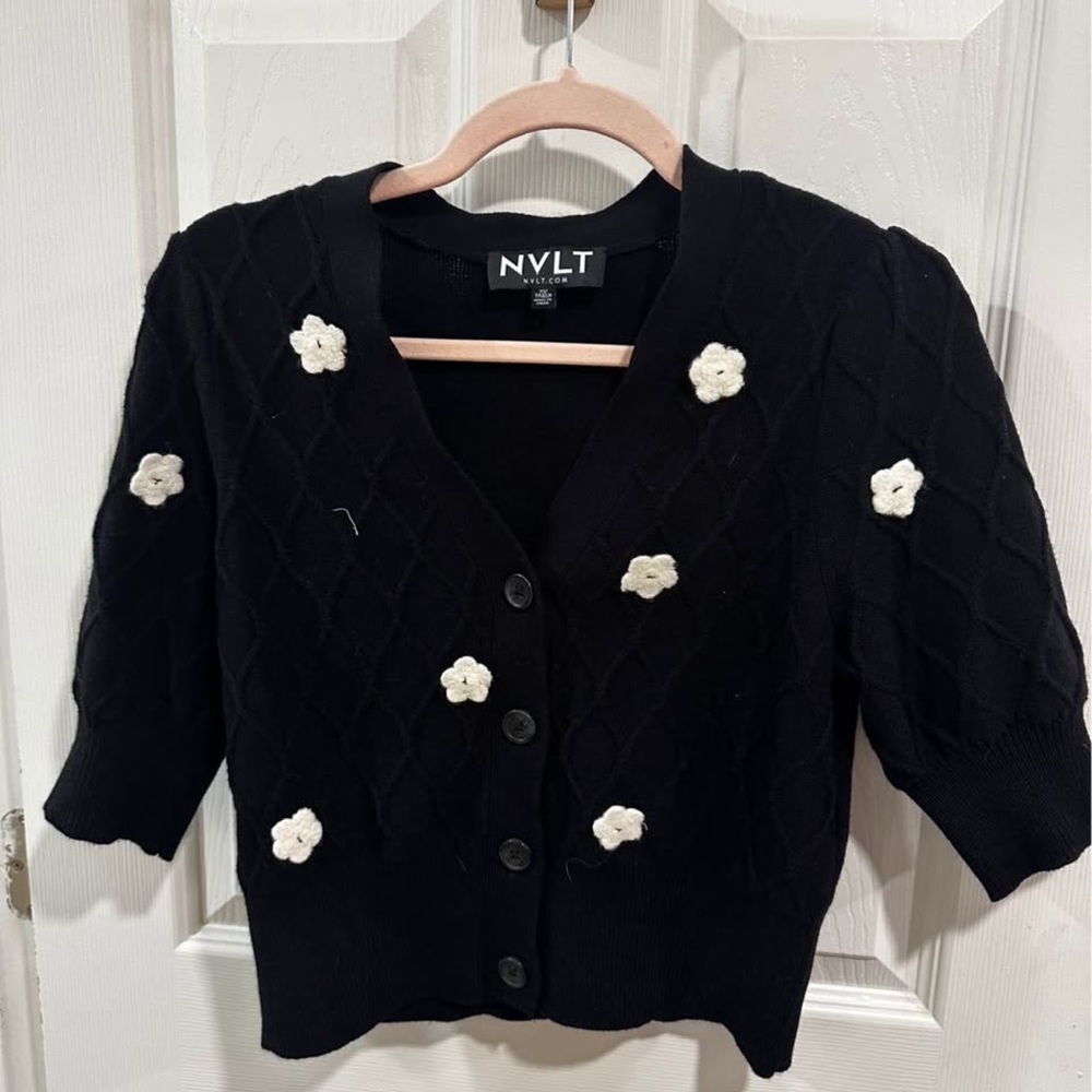 NVLT Navy Cardigan with Cream Floral Details